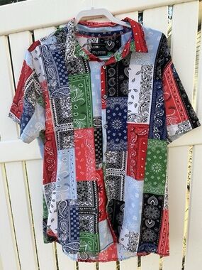 Casual Patchwork Bandana Short-Sleeve Shirt - Multicolor